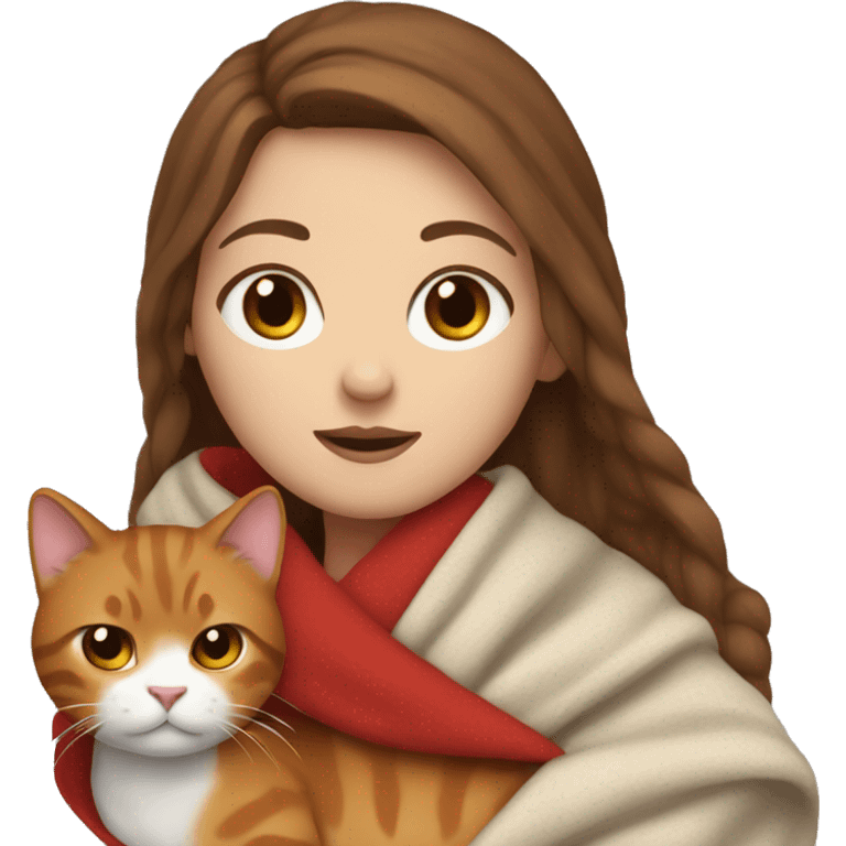 A white girl with brown hair wrapped in a blanket with a red cat emoji