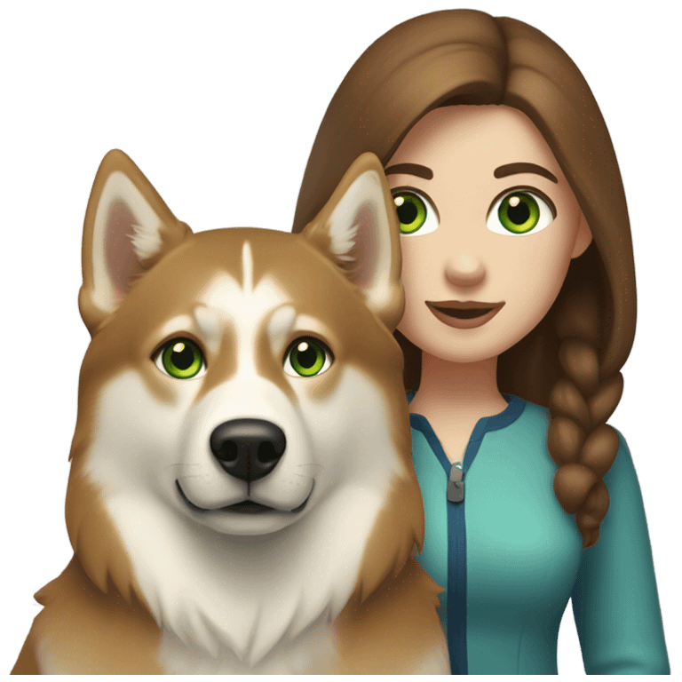 White Woman hair brown and bleus eyes and golden Husky With green eyes emoji