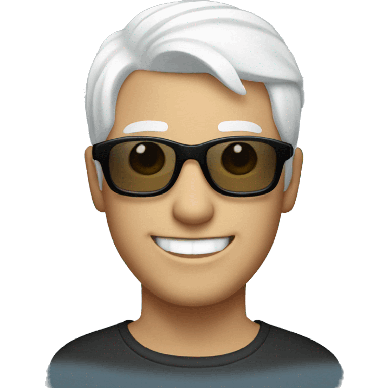 man with short white hair and blue eyes wearing black sunglasses and smiling emoji