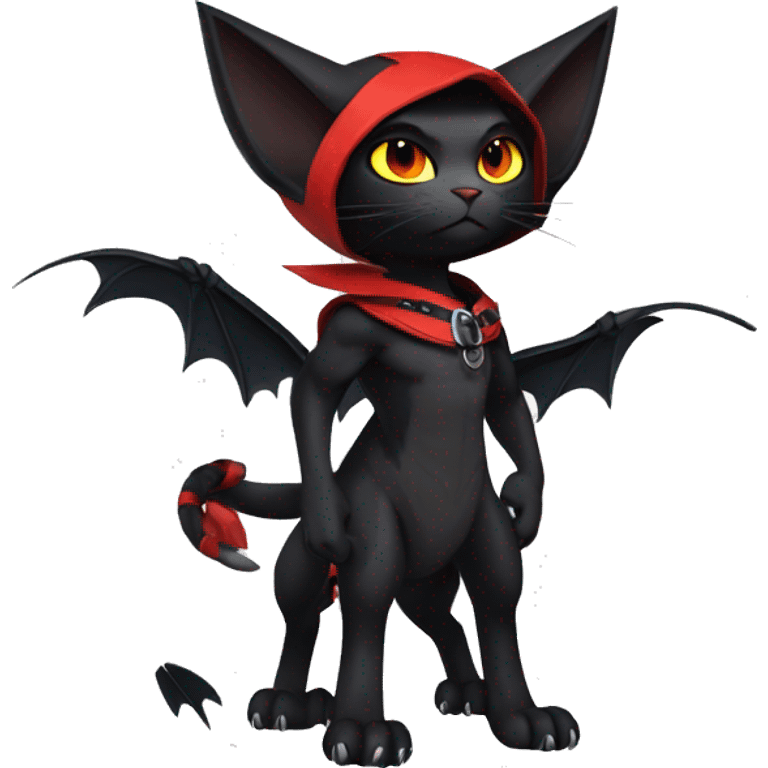 Cool Edgy Fantasy Litten-Nargacuga-Cat with black bat-wing-ears with a red harness full body emoji