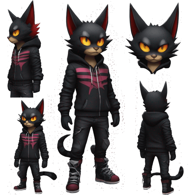 Cool Anthro Black Bat-Nargacuga-Litten-cat-Pokémon with edgy stripes hoodie spiked collar punk Full Body emoji