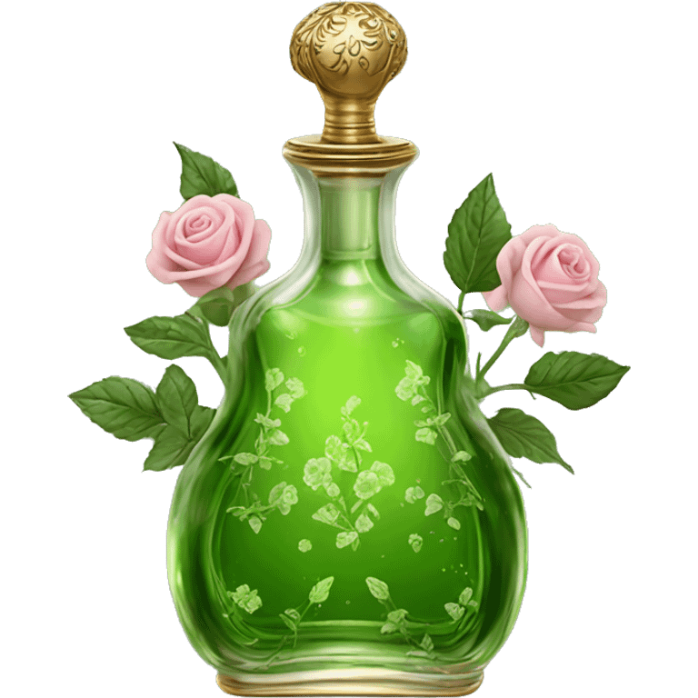 Green magic sparkling old Antique oil perfume bottle with herbal and rose flowers emoji