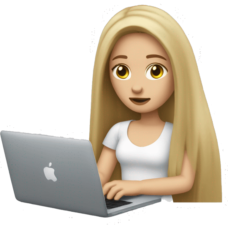 Girl with long dark blonde hair and white skin working with a MacBook. She is tired   emoji