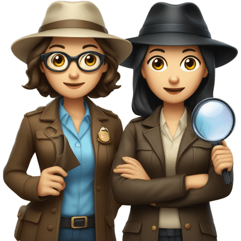 Two women detectives with hats and magnifying glasses, one with brown hair and one with black hair. One Asian one white emoji