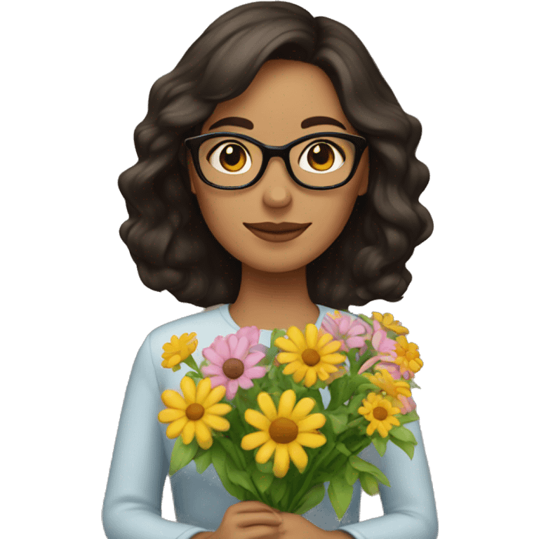 Brunette woman with glasses holding flowers emoji