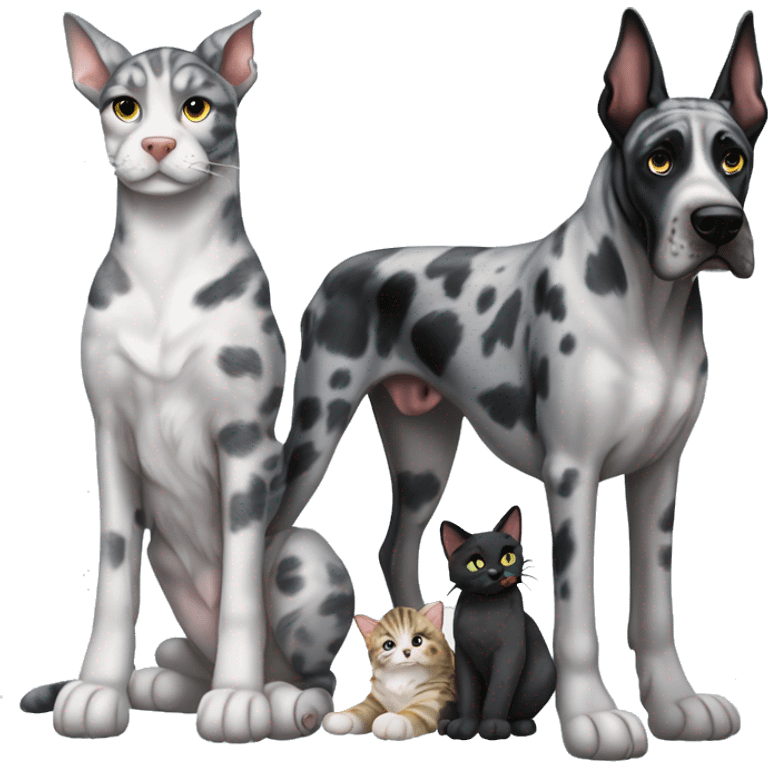 Blue Merle Great Dane with two tabby cats and one black cat emoji