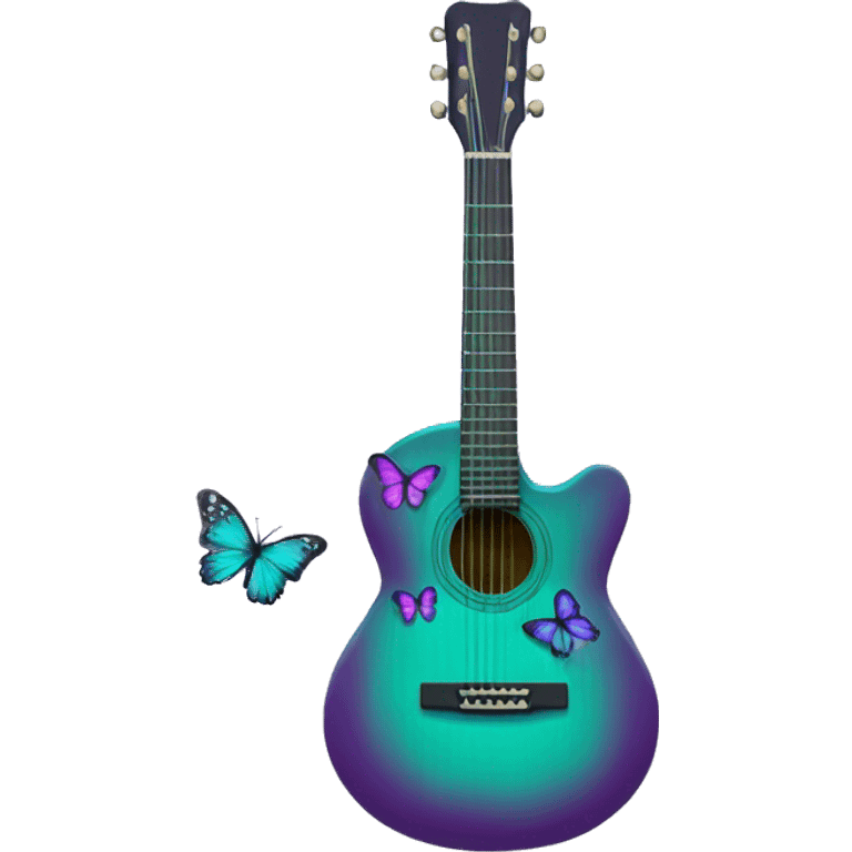 Green acoustic guitar covered in purple and teal butterflies  emoji