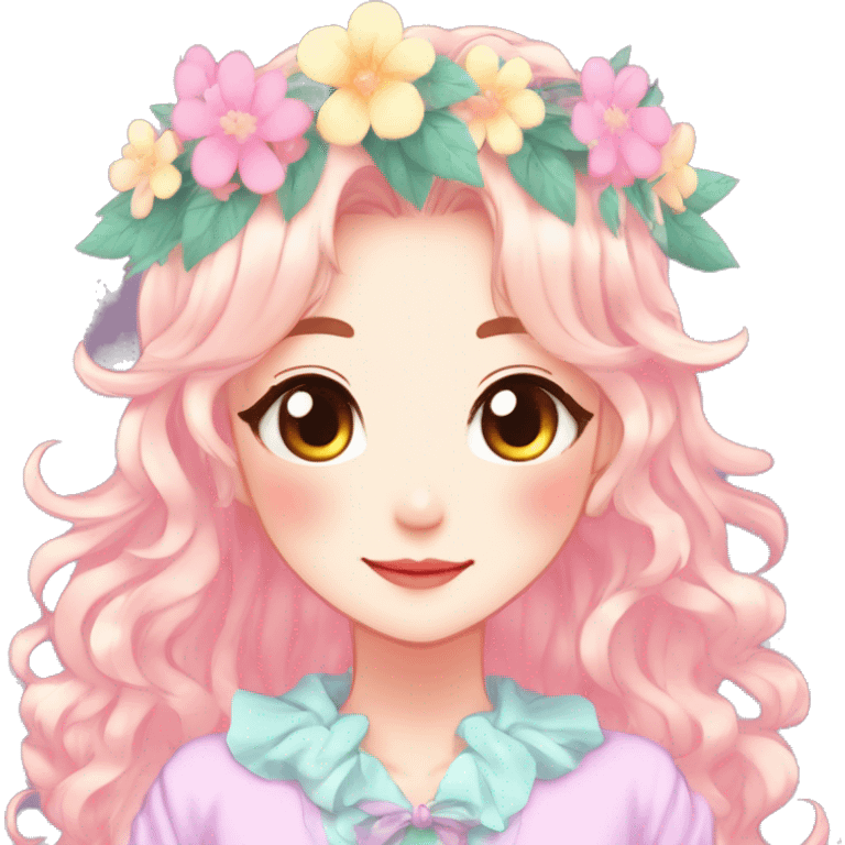 Gorgeous Shiny Colorful Pastel Anime Style Mature Lady with blushing face and pretty hair with a flower crown pastelcore kawaii cottagecore fairycore aesthetic trending style emoji