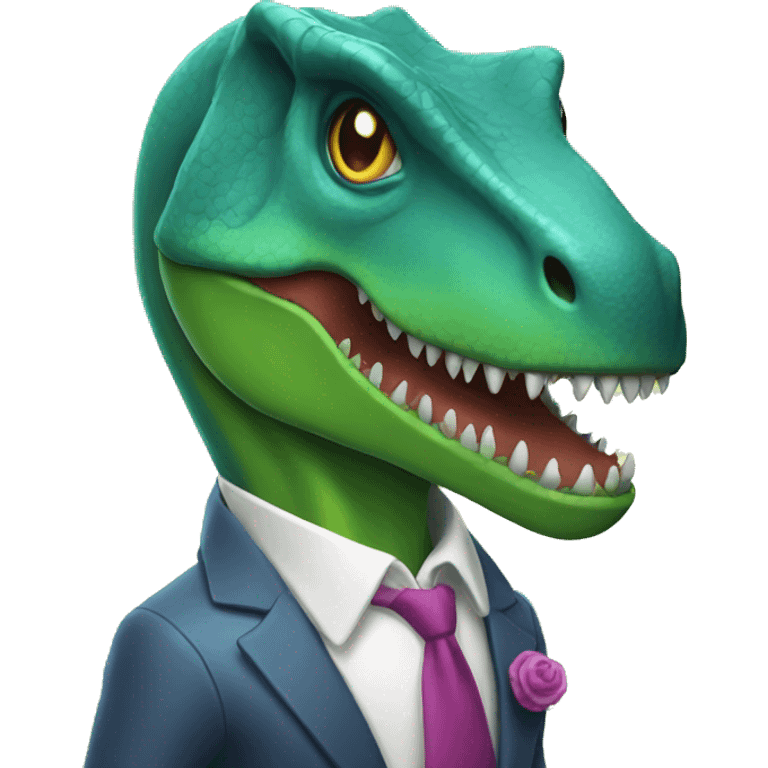 T rex with a suit with a scary face  emoji