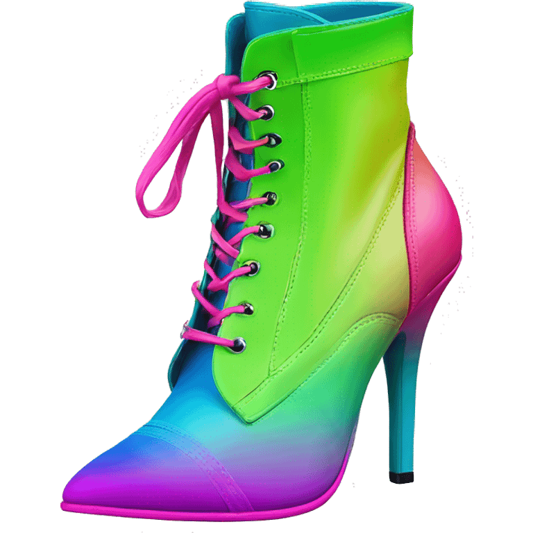 Realistic isolated top view pair of lime green,hot pink ,blue and green ombre high heel ankle bootie boots.  emoji