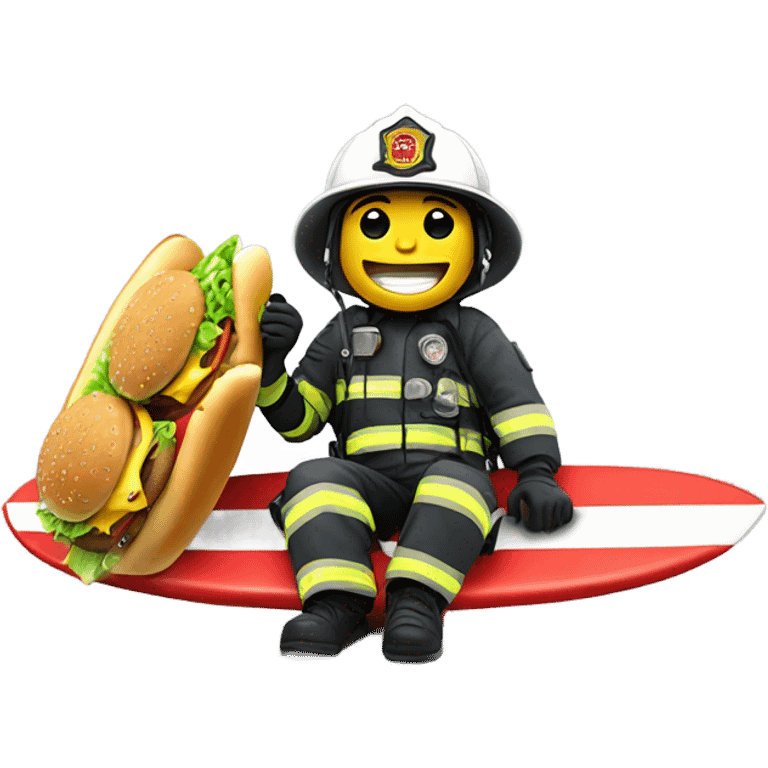 Firefighter eating a cheeseburger while on a surfboard emoji