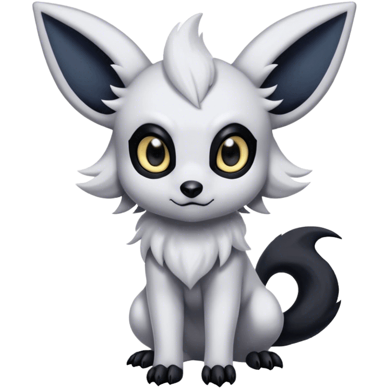 Absol-Umbreon, long thick black ears, black Scapha, black long tail, black eyes, white fur, black claws, cute big eyes, adorable emoji