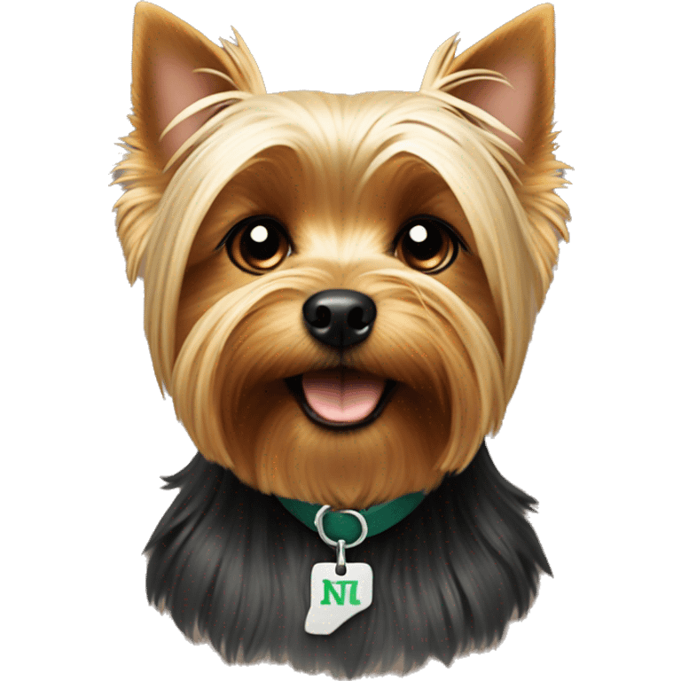 Yorkshire terrier with a collar that says N+M emoji