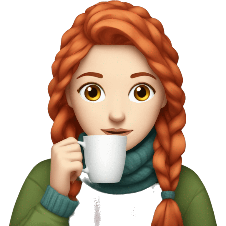 White girl red hair in a sweater and scarf sipping tea  emoji