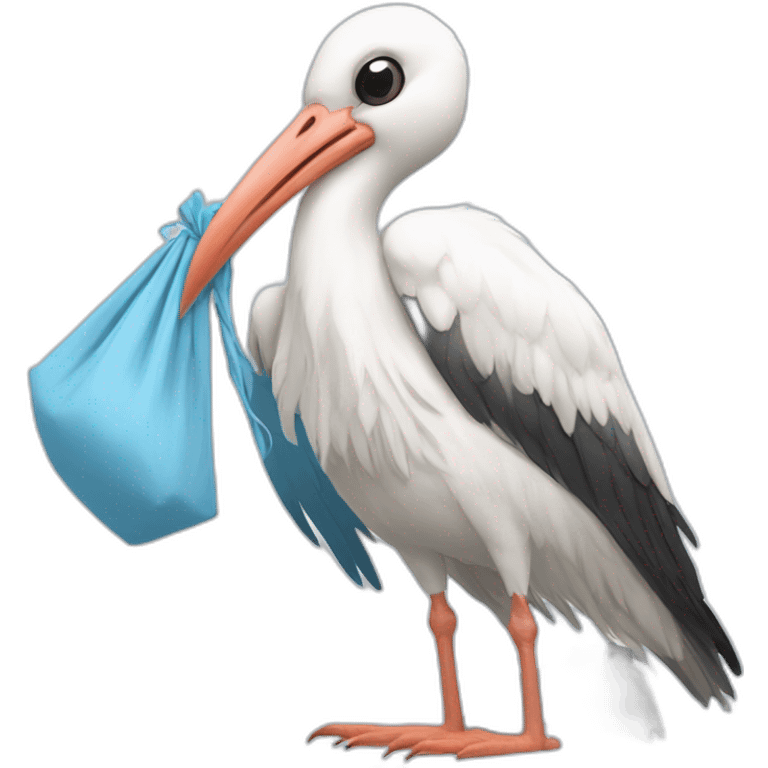  white stork carrying a light blue bundle of cloth in its beak that has a human baby with dark hair and the baby face is peeking out from the cloths bundle the strok is carrying with its beak emoji