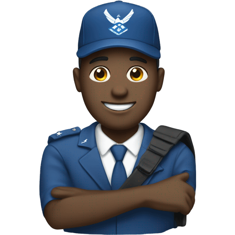 Dark man in wheel chair with blue air force team hat emoji