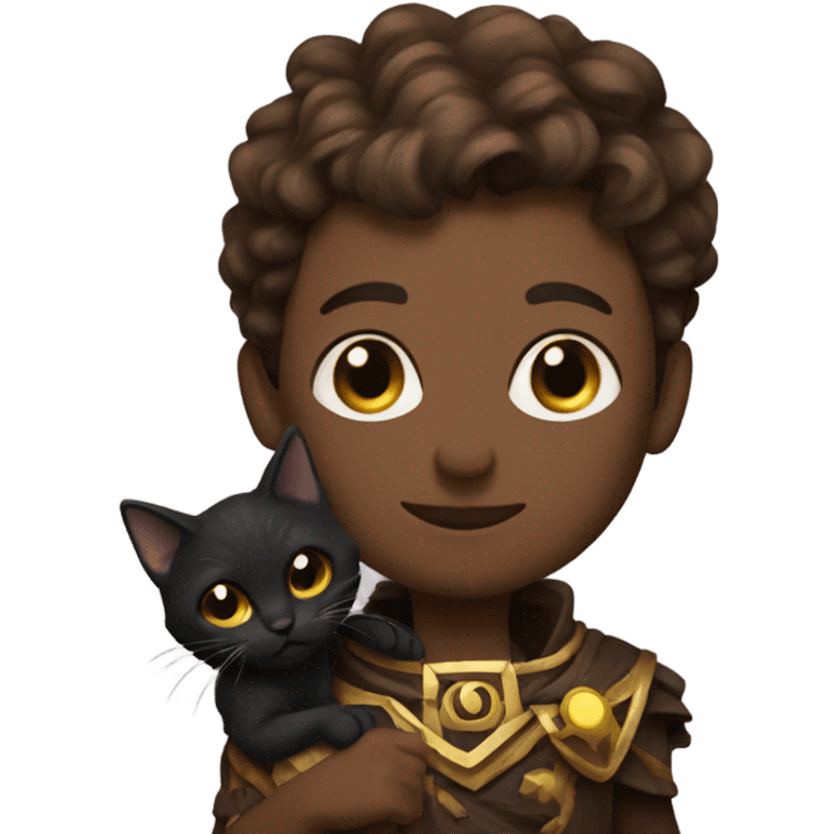 A sun warlock who is pale with brown hair and is holding a black kitten emoji