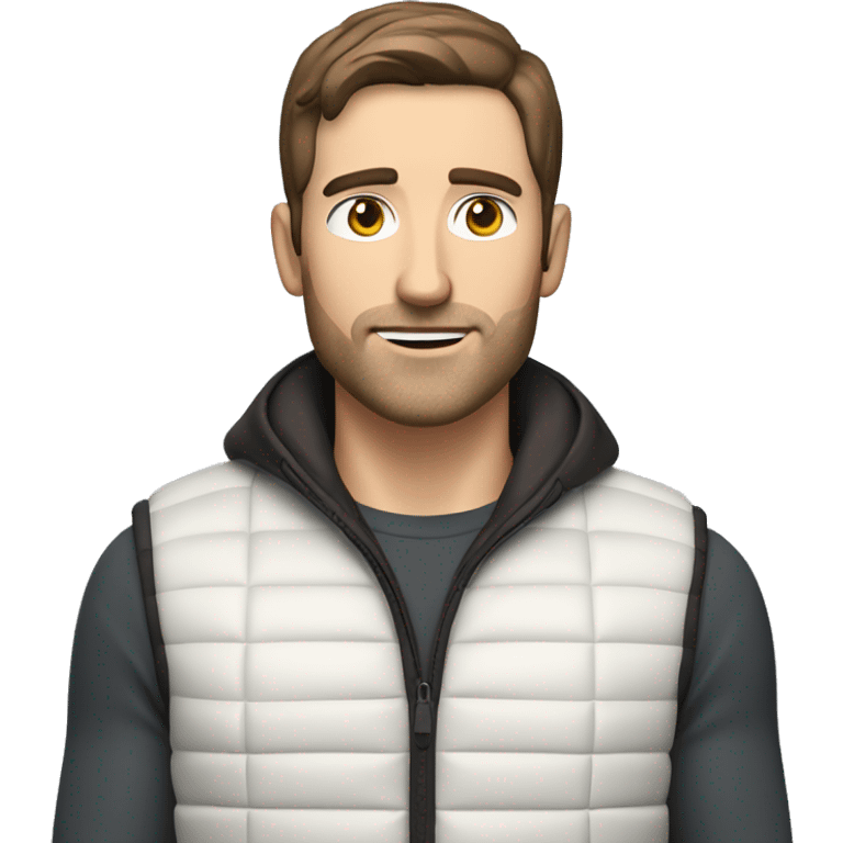 a white man with chocolate brown hair and stubble in a sport gilet  emoji