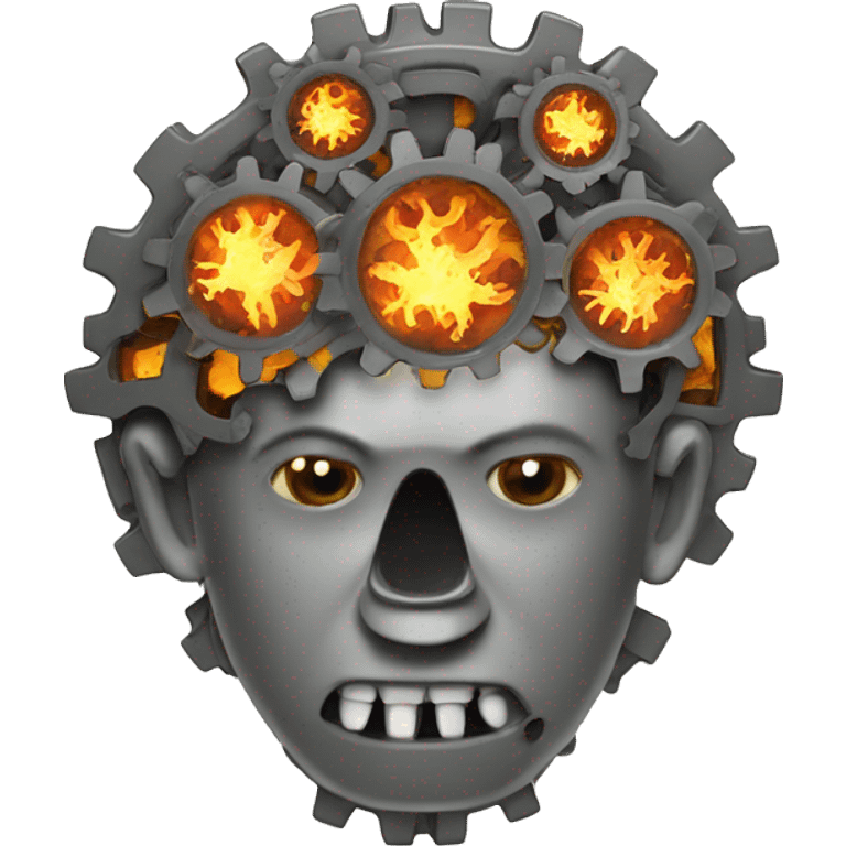 A brain made out of gears with flames licking out from between the gears emoji