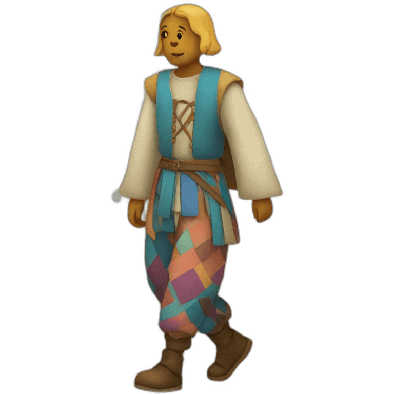 person wearing colorful pattern wide pants, walking, medieval emoji