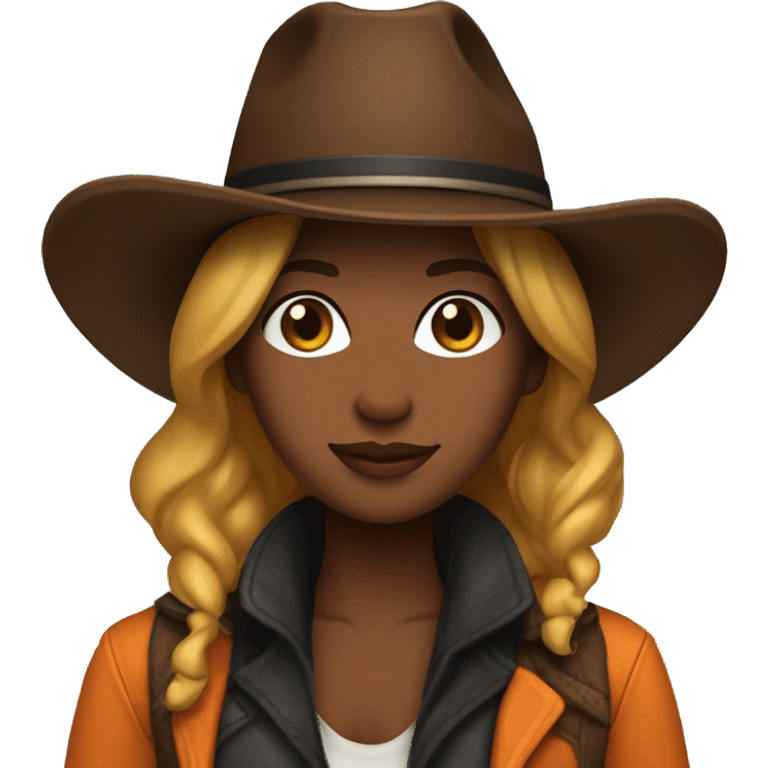 cowgirl straight dark brown golden skin, orange burnt coat, black hat emoji