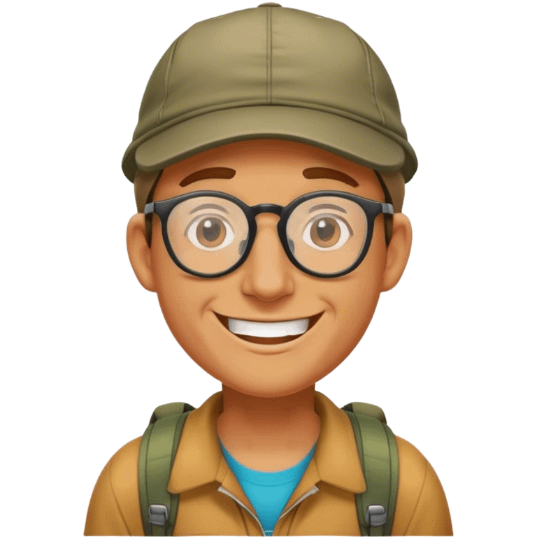 a hiker grinning wearing a cap and spectacles emoji