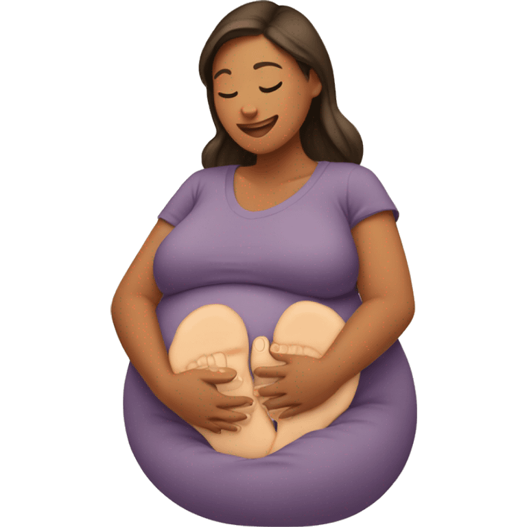 Hands holding a pregnant belly with feet at the top emoji