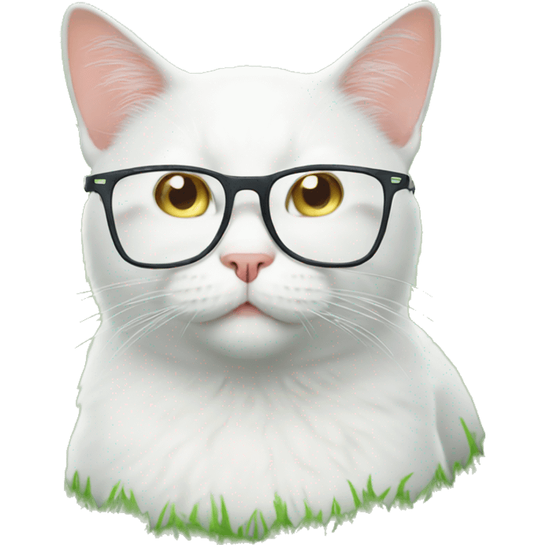 white cat with glasses on the grass emoji