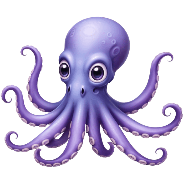 Cinematic Comical Baby Octopus Portrait Emoji, Tentacles slightly flared in a playful, exaggerated gesture, featuring a light blue-purple, rounded body with dramatically wide, hilariously expressive eyes full of surprise and innocent mischief, Simplified yet hilariously endearing features, highly detailed, glowing with a soft oceanic radiance, high shine, dramatic yet lovable, stylized with a dash of whimsical underwater mischief, soft glowing outline, capturing the essence of a delightfully silly little octopus that looks like it just made a clumsy, adorable mistake! emoji