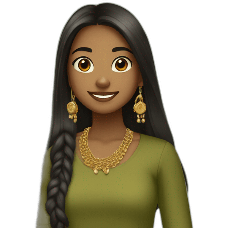 A brown girl in her teens taking a mirror selfie in an olive green kurta and wearing a gold chain and long black straight hair with a half up half down hairstyle  emoji