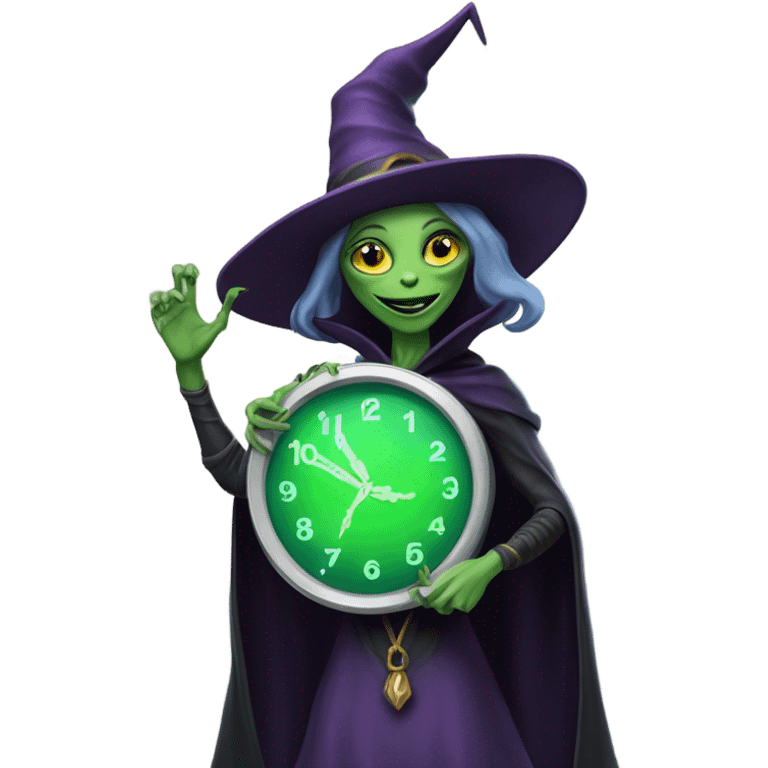 a Reptilian alien woman, as witch, holding holding a big clock, full body, happy emoji