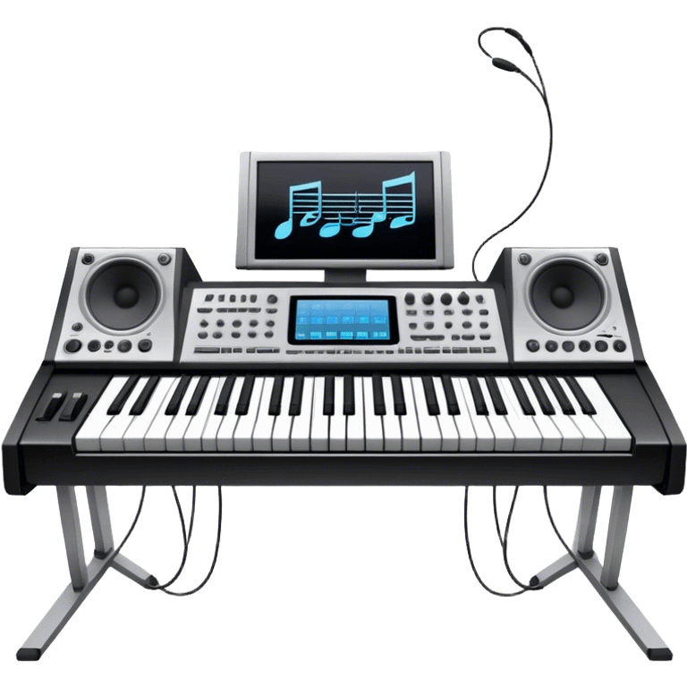 Create a professional and artistic emoji that represents writing music tracks. The design should feature a large monitor displaying musical notes or a score, positioned in front of a professional Korg synthesizer. Add elements like studio headphones, a MIDI keyboard, and an audio interface to symbolize the tools used in music production. Use sleek, modern colors like silver, black, and neon accents to convey the professional environment of music composition. The background should be transparent. emoji