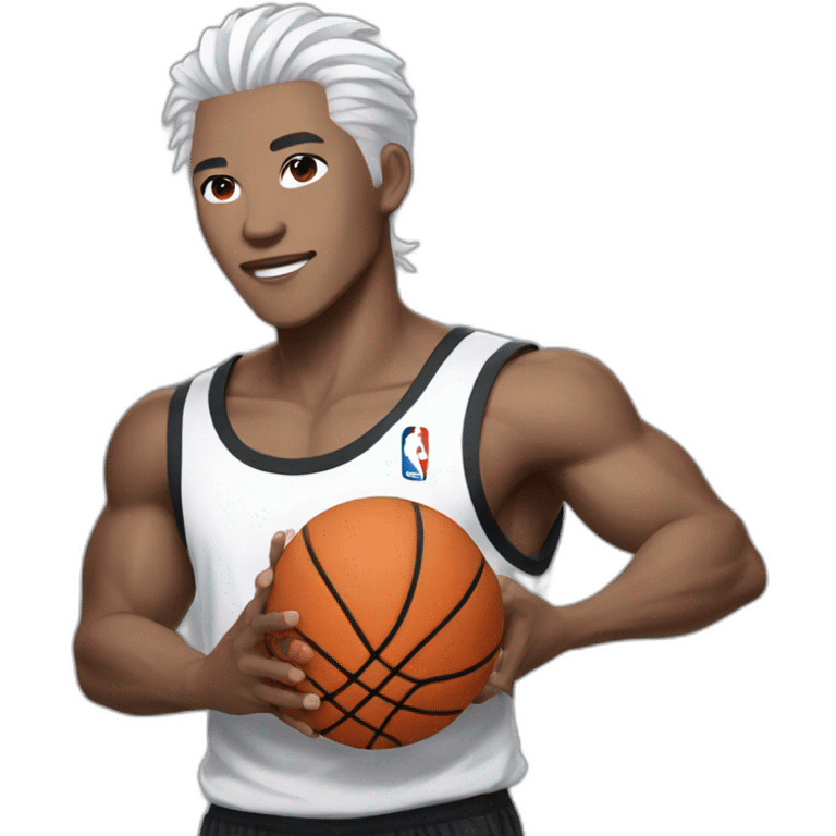 Chinese idol wearing white straps, gray pants and black shirt with white hair, holding a basketball in his right hand emoji