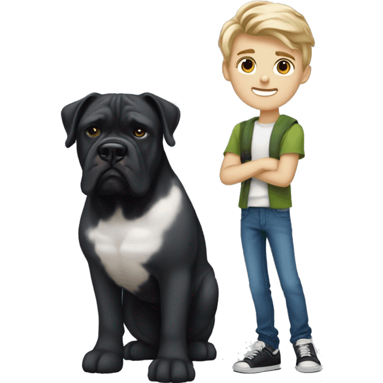 young white kid with justin beiber hairstyle standing alongside a black cane-corso emoji