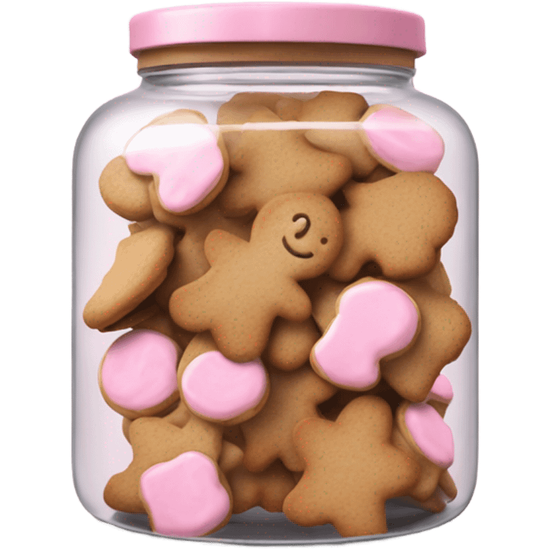 Realistic glass cookie jar with light pink lid full of gingerbread cookies isolated.  emoji