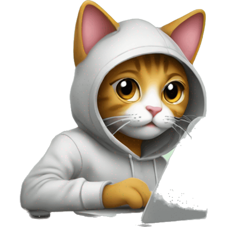 cat is a graphic designer in a hoodie and headphones, working at a computer in photoshop emoji