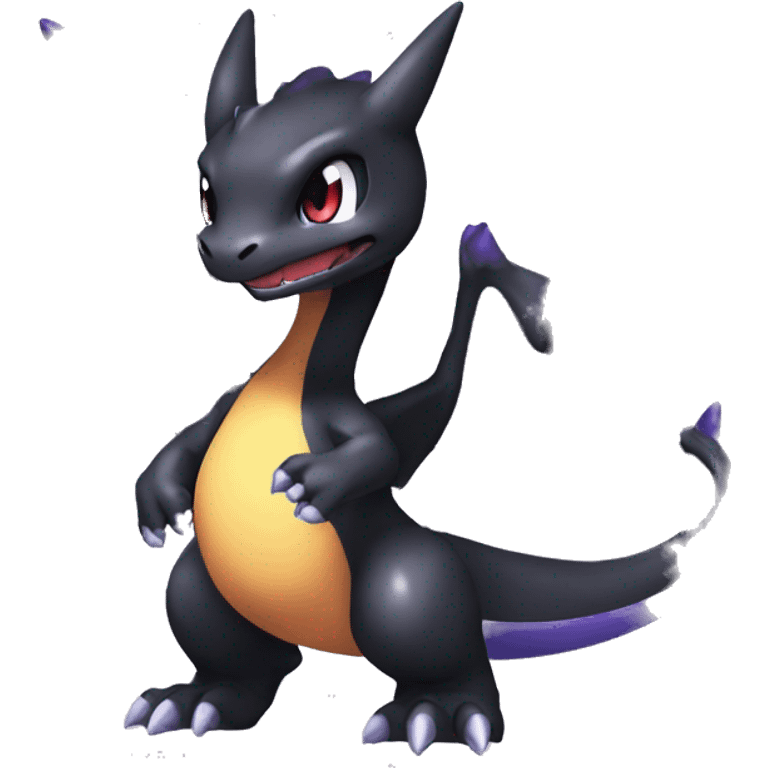 Black shiny chibi Mega-Charizard-X-Raptor-Fakémon with purple full body emoji