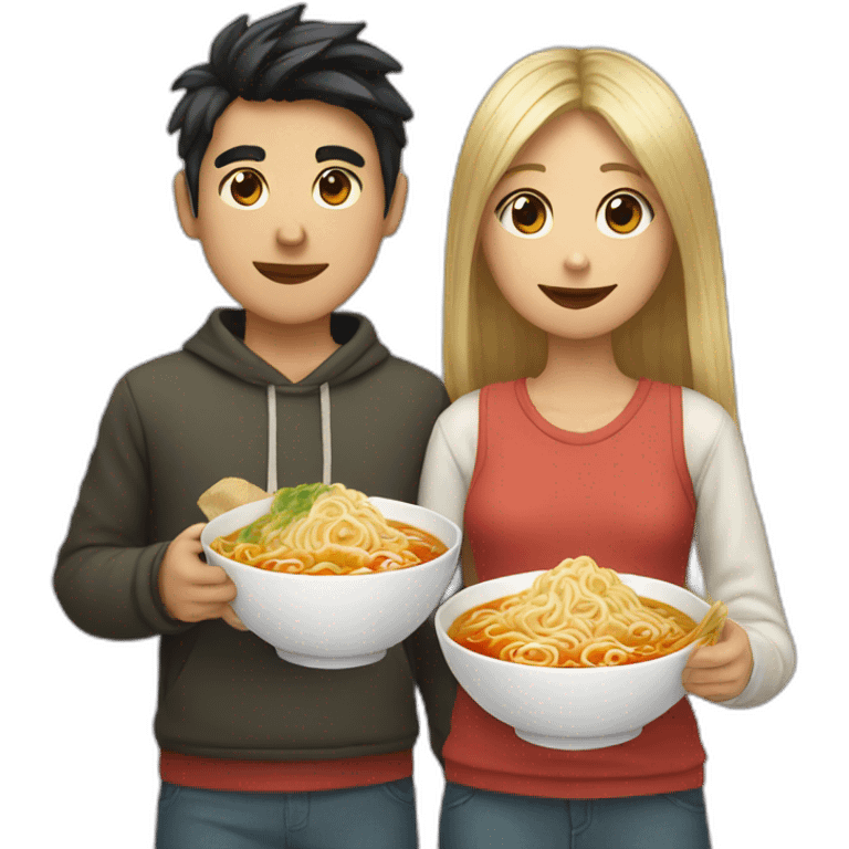 Boy and girl with ramen emoji