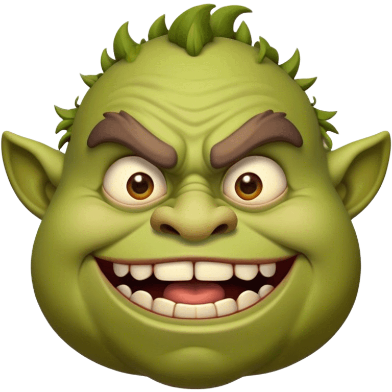 Cinematic Comical Ogre Portrait Emoji, with a strikingly exaggerated, bulky figure in vivid earthy greens and browns, head tilted in a dramatically surprised expression with wide, comically bulging eyes and a goofy, oversized grin, simplified yet hilariously exaggerated, highly detailed with a soft, cartoonish glowing outline capturing the playful absurdity of a meme-worthy ogre! emoji