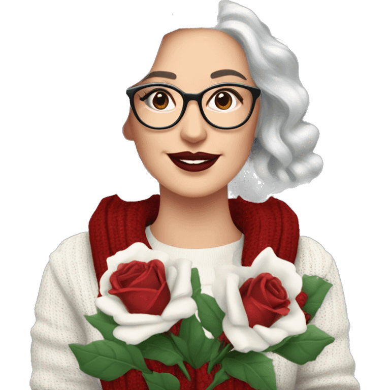 Attractive Caucasian woman with long grey hair, wearing wire frame glasses, dark red lipstick, and a christmas sweater, holding a bouquet of roses emoji