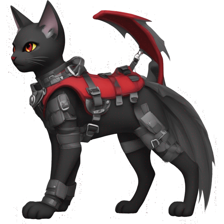 cool edgy elegant beautiful black grey punk techwear red fantasy nargacuga-bat-cat-Fakemon collar harness warrior full body emoji