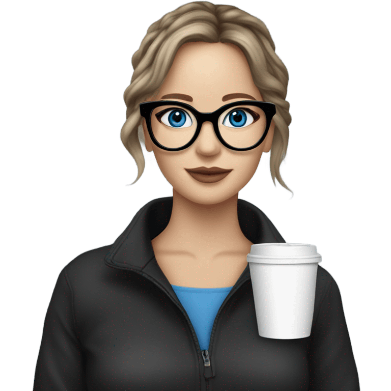 Photo of Brunette Jennifer Lawrence wearing black glasses and blue eyes drinking coffee  emoji