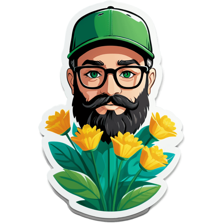 A bold man with a grey baseball cap, green eyes, big beard and glasses, holding flowers emoji