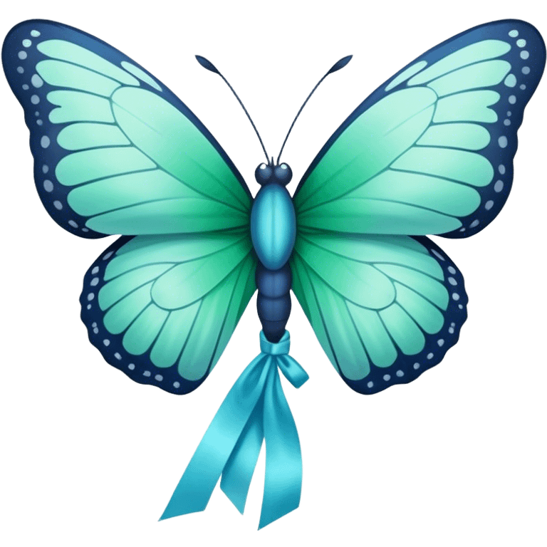 A delicate butterfly with pastel green and blue wings resting on a soft blue satin ribbon. emoji