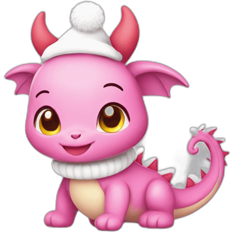 cute, little Pink dragon, in sweater and Christmas hat. adorable happy kawaii style, colorful, clear outline, vector, simple white background, 8k, 3:2 emoji