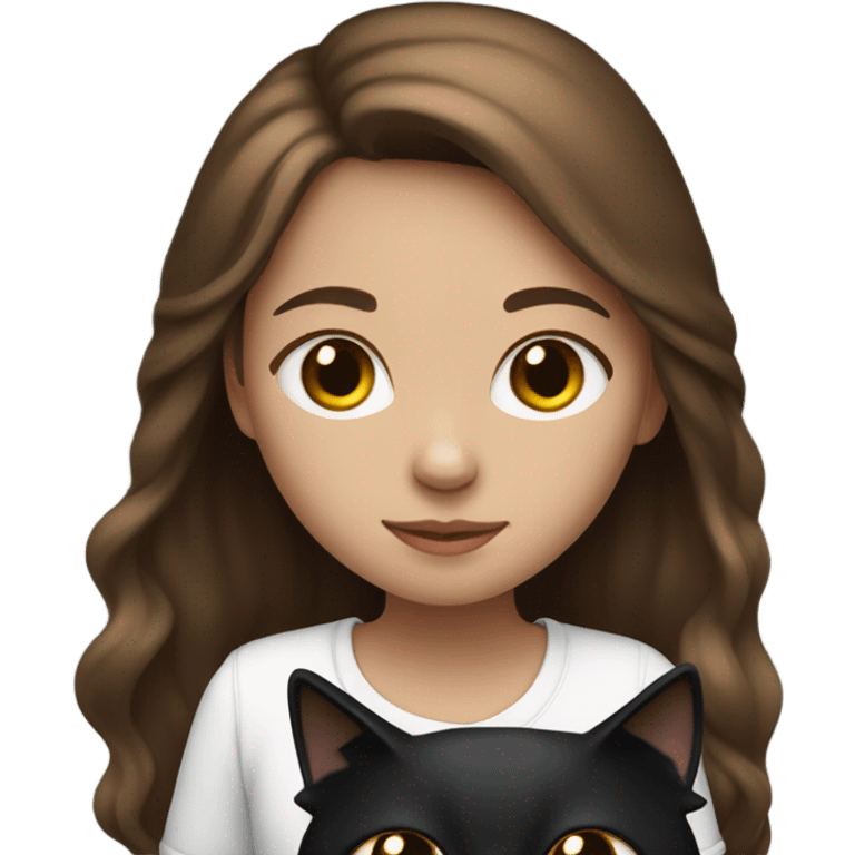 Girl with long brown hair holding a black and white cat emoji