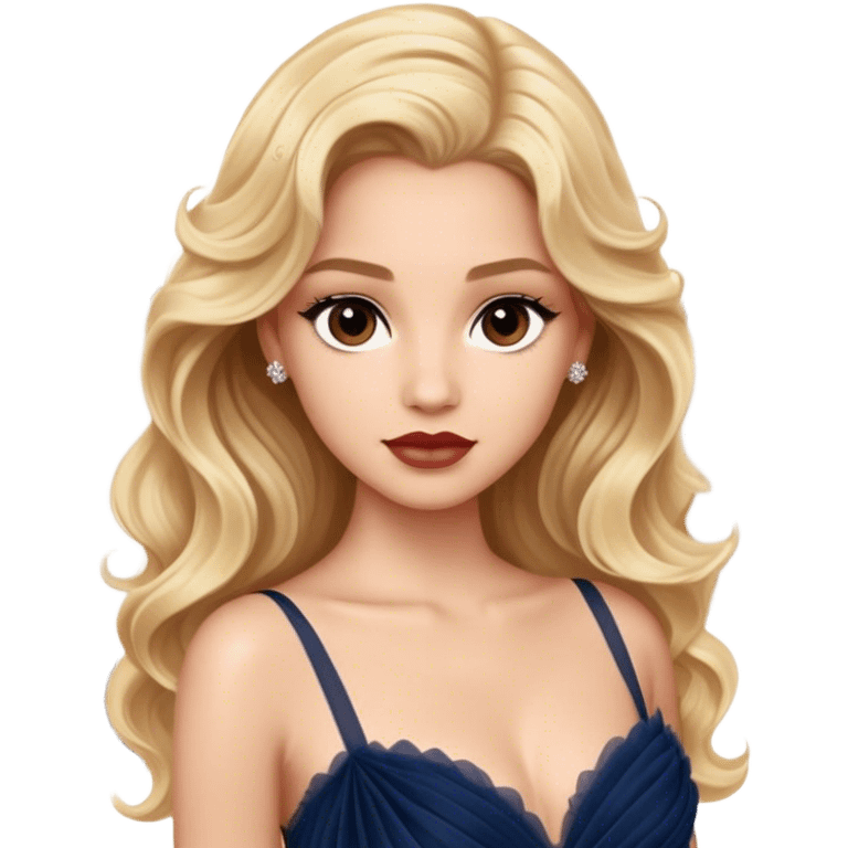 blonde model, brown eyes, long wavy hair, oscars red carpet, navy tulle gown emoji