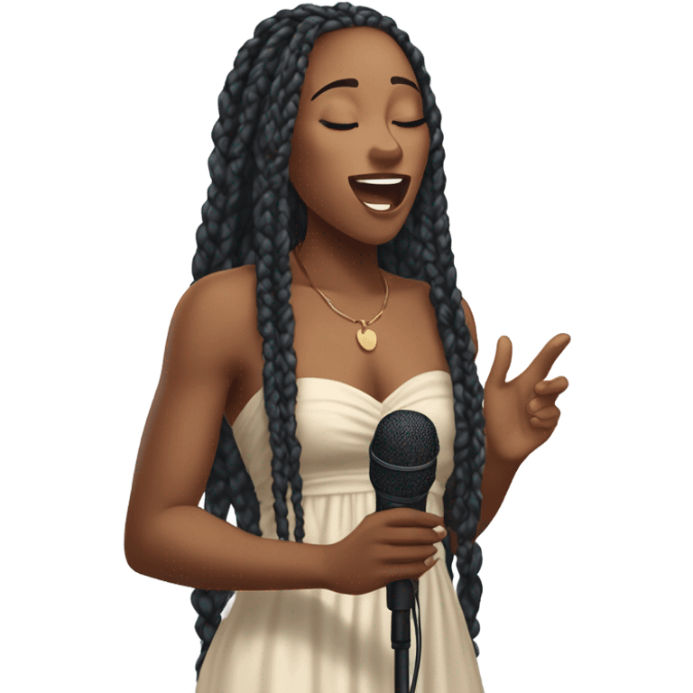 attractive young black woman with her eyes closed with long box braids, flowy dress singing with a mic emoji