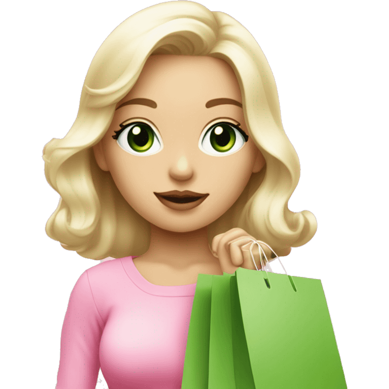 cute platinum blonde with green eyes wearing pink surrounded by pink shopping bags emoji