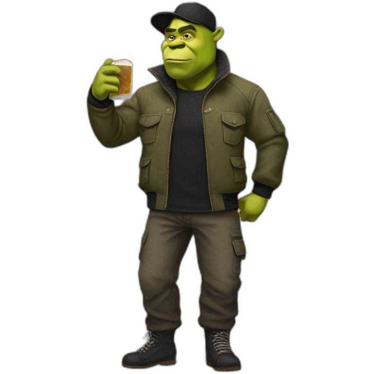 Shrek in cargo pants, black bomber jacket and hat emoji